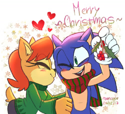 Size: 1280x1169 | Tagged: safe, artist:tamak0, sally acorn, sonic the hedgehog, christmas, duo, mistletoe, shipping, sonally