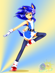 Size: 768x1024 | Tagged: safe, artist:animesonic2, sonic the hedgehog, human, bandana, belt, femboy, flower, gloves, gradient background, hedgehog ears, hedgehog tail, humanized, looking back, male, running, skirt, solo