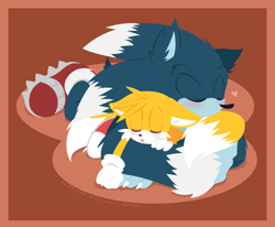 Size: 1000x824 | Tagged: safe, artist:resuku, miles "tails" prower, sonic the hedgehog, blushing, brown background, cute, duo, heart, holding them, no outlines, sleeping, snuggling, sonic x tails, tailabetes, werehog