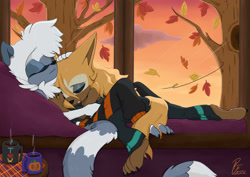 Size: 1280x906 | Tagged: safe, artist:ridleynemrick, tangle the lemur, whisper the wolf, lemur, wolf, autumn, duo, eyes closed, females only, holding each other, hot cocoa, lesbian, one fang, shipping, signature, sleeping, snuggling, tangabetes, tangle x whisper, whispabetes