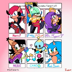 Size: 1080x1080 | Tagged: safe, artist:sp1ndash, mighty the armadillo, mina mongoose, nicole the hololynx, sonic the hedgehog, zonic the zone cop, chao, group, heart, hero chao, neutral chao, six fanarts