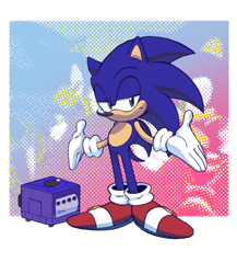 Size: 2034x2345 | Tagged: safe, artist:cynicallysly, shadow the hedgehog, sonic the hedgehog, sonic adventure 2, frown, gamecube, gloves, lidded eyes, looking at viewer, screenshot background, shoes, shrugging, solo, standing, video game console