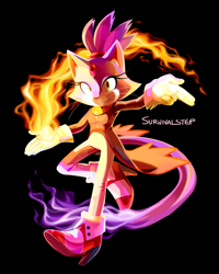 Size: 1783x2232 | Tagged: safe, artist:survivalstep, blaze the cat, cat, black background, blaze's tailcoat, female, fire, heels, lineless, looking at viewer, no outlines, running, simple background, smile, solo, whiskers