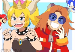 Size: 2048x1418 | Tagged: safe, artist:kiravera8, robotnik, sonic the hedgehog, oc, oc:eggma'am (ciosuii), hedgehog, human, bowsette, gender swap, grin, mario