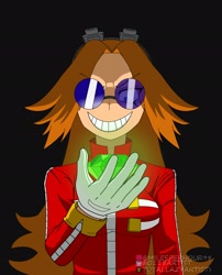 Size: 1656x2048 | Tagged: safe, artist:0118artist, robotnik, oc, oc:eggma'am (ciosuii), human, black background, chaos emerald, gender swap, grin, simple background, solo