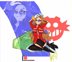 Size: 4096x3555 | Tagged: safe, artist:shadefalcon1, robotnik, oc, oc:eggma'am (ciosuii), human, echo background, eggman empire logo, gender swap, sitting, solo