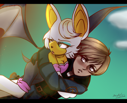 Size: 1600x1300 | Tagged: safe, artist:illfaintiii, agent topaz, rouge the bat, bat, human, blushing, carrying them, clenched teeth, clouds, duo, flying, implied lesbian, lesbian, looking at them, looking behind, redraw, rouge x topaz, shipping, signature, sonic x