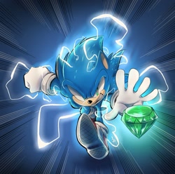 Size: 1561x1550 | Tagged: safe, artist:mlzmicha3l, sonic the hedgehog, hedgehog, chaos emerald, electricity, running, running towards viewer, solo