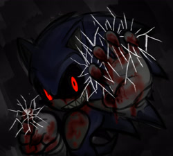 Size: 2780x2500 | Tagged: semi-grimdark, artist:k3llywolfarts, sonic the hedgehog, oc, oc:sonic.exe, hedgehog, abstract background, black sclera, blood, clenched teeth, cracked glass, evil grin, glowing eyes, looking at viewer, red eyes, solo