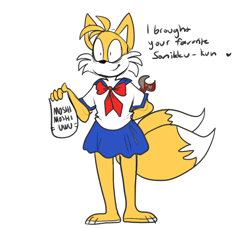 Size: 1056x962 | Tagged: semi-grimdark, artist:beastofeuthanasia, miles "tails" prower, fox, arm behind back, bag, blood, blood stain, crossdressing, dialogue, evil, evil tails, femboy, heart, holding something, implied murder, implied sonic, implied sontails, looking offscreen, schoolgirl outfit, shrunken pupils, simple background, sketch, smile, solo, spanner, standing, white background, yandere