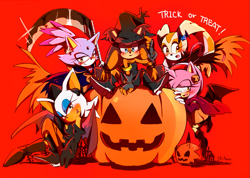 Size: 1155x823 | Tagged: safe, artist:krsnprpr, amy rose, blaze the cat, cream the rabbit, rouge the bat, sticks the badger, badger, bat, cat, hedgehog, rabbit, blushing, english text, featured image, group, halloween, hat, jack o'lantern, looking at viewer, red background, scythe, simple background, sitting, smile, standing, weapon