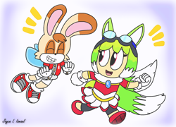 Size: 1280x922 | Tagged: safe, artist:harmonybunny2022, oc, bee, fox, hybrid, rabbit, seedrian, duo, fankid, female, male, parent:charmy, parent:cosmo, parent:cream, parent:tails, parents:chaream, parents:tailsmo