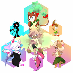 Size: 1280x1280 | Tagged: safe, artist:nibroc-rock, artist:smsskullleader, artist:that-rae-of-sunshine, amy rose, blaze the cat, rouge the bat, oc, oc:bonny the bat, oc:bruma the bat, oc:peona the bat, oc:peony the cat, bat, cat, hedgehog, female, females only, fusion, fusion:amy, fusion:blaze, fusion:prototype amy, fusion:prototype blaze, fusion:prototype rouge, fusion:rouge, group, hexafusion, prototype amy, prototype blaze, prototype rouge, watermark, white background