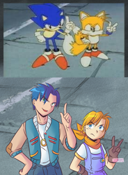 Size: 1280x1739 | Tagged: safe, artist:zexal-bunny20, miles "tails" prower, sonic the hedgehog, human, sonic the ova, bandana, duo, frown, gloves, humanized, looking up, mouth open, necklace, pointing, redraw, ring, v sign