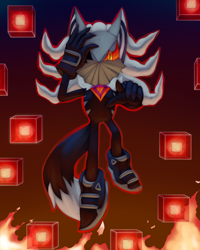 Size: 2000x2500 | Tagged: safe, artist:cuteytcat, infinite the jackal, jackal, sonic forces, cubes, fire, flying, gloves, hand on head, infinite's mask, lineless, looking at viewer, mid-air, phantom ruby, pointing, shoes, solo, speedpaint in description