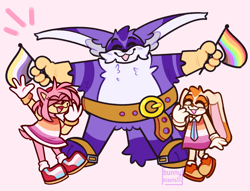 Size: 1280x979 | Tagged: dead source, safe, artist:bunnyblasts, amy rose, big the cat, cream the rabbit, cat, hedgehog, rabbit, amybetes, belt, bigabetes, child, creamabetes, cute, flag, gay, gay pride, lesbian, lesbian pride, nonbinary, nonbinary pride, pink background, pride, signature, simple background, team rose, trans female, trans pride, transgender, trio