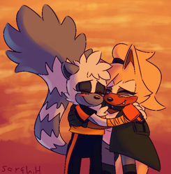 Size: 658x671 | Tagged: safe, artist:darkwingdumbass, tangle the lemur, whisper the wolf, lemur, wolf, blushing, crying, duo, eyes closed, females only, fingerless gloves, hugging, lesbian, one fang, shipping, signature, smile, standing, sunset, tangle x whisper, tears of happiness