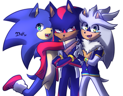 Size: 591x462 | Tagged: safe, artist:inkfrisk12, shadow the hedgehog, silver the hedgehog, sonic the hedgehog, hedgehog, arms folded, frown, gay, hugging, looking at viewer, mouth open, polyamory, redesign, shipping, signature, simple background, smile, sonadilver, standing, standing on one leg, trio, white background