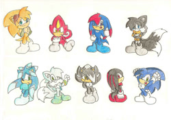 Size: 900x630 | Tagged: safe, artist:sonicsketch, oc, oc:alewar the chameleon, oc:gadget the hedgehog, oc:kali the echidna, oc:kendra the hedgefox, oc:nirav the hedgehog, oc:sebes the hedgehog, oc:shyla the fox, oc:spear the echidhog, oc:taavi the hedgehog, fox, hedgehog, hybrid, chameleon, child, echidhog, fankid, group, hedgefox, magical gay spawn, parent:espio, parent:knuckles, parent:shadow, parent:silver, parent:sonic, parent:tails, parents:knuxadow, parents:knuxio, parents:knuxonic, parents:shadails, parents:shadilver, parents:silvails, parents:sonadow, parents:sonilver, parents:sontails, simple background, standing, stuffed animal, two tails, white background