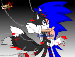 Size: 400x302 | Tagged: semi-grimdark, artist:maylovesakidah, miles "tails" prower, sonic the hedgehog, fox, hedgehog, sonic forces, alternate universe, chain, crying, duo, evil tails, glitch, gloves, gradient background, hugging, infinite tails, mouth open, shoes, socks, standing, surprise hug