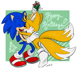 Size: 991x903 | Tagged: dead source, safe, artist:devotedsidekick, miles "tails" prower, sonic the hedgehog, fox, hedgehog, abstract background, blushing, christmas, cute, duo, eyes closed, featured image, gay, gloves, holding each other, holding something, hugging, mistletoe, mouth open, semi-transparent background, shipping, shoes, shoes off, signature, socks, sonabetes, sonic x tails, standing, tailabetes