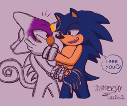 Size: 2100x1760 | Tagged: safe, artist:jennsterjay, espio the chameleon, sonic the hedgehog, hedgehog, lizard, blushing, camouflage, chameleon, dialogue, duo, gay, gloves, hands on another's face, heart, lidded eyes, looking at each other, mouth open, pencilwork, purple background, shipping, signature, simple background, smile, sonespio, speech bubble, standing