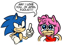 Size: 967x685 | Tagged: safe, artist:lemon eyebrows, amy rose, sonic the hedgehog, hedgehog, april fools, crying, dialogue, duo, shipping denied, simple background, white background