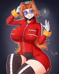 Size: 1638x2048 | Tagged: safe, artist:tr_zythaz012, robotnik, oc, oc:eggma'am (ciosuii), human, busty robotnik, gender swap, grin, hand on head, solo