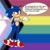 Size: 1648x1648 | Tagged: safe, artist:wxster1a, sonic the hedgehog, hedgehog, binder, dialogue, gloves, headcanon, implied sex, implied straight, looking at viewer, pride, pride flag background, progress pride, raised eyebrow, shoes, smile, socks, solo, standing, trans boy sonic, trans male, trans pride, transgender