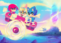 Size: 1713x1211 | Tagged: safe, artist:agui_chan, knuckles the echidna, miles "tails" prower, sonic the hedgehog, echidna, fox, hedgehog, aged down, child, flying, sunset, tornado i