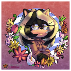 Size: 2500x2500 | Tagged: safe, artist:mleonarockera, oc, oc:micaela the hedgehog, hedgehog, flower, glasses, solo