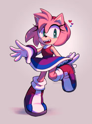 Size: 1300x1750 | Tagged: safe, artist:murasoda, amy rose, hedgehog, bisexual pride, boots, fangs, gloves, grey background, hair over one eye, headcanon, hearts, looking at viewer, mouth open, pride, simple background, socks, solo, standing