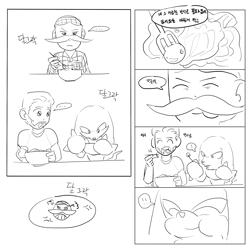 Size: 2000x2000 | Tagged: safe, artist:yvjvreb31ponkcc, agent stone, knuckles the echidna, robotnik, echidna, human, sonic the hedgehog 2 (2022), ..., angry, bowl, comic, eating, eyes closed, food, holding something, korean text, simple background, smile, speech bubble, trio, white background