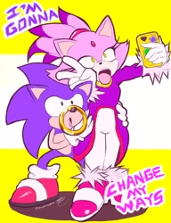 Size: 1574x2048 | Tagged: safe, artist:spacekitaarise, blaze the cat, sonic the hedgehog, cat, hedgehog, 31 days sonic, abstract background, cellphone, ring, selfie, v sign