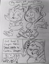 Size: 1551x2047 | Tagged: safe, artist:mykell cube, amy rose, oc, oc:ember the sol prince, oc:maria the hedgehog, cat, hedgehog, hybrid, arms behind back, arms up, child, clenched teeth, comic, dialogue, duo, eyes closed, fankid, frown, grey background, hand on own head, laughing, looking up, magical gay spawn, magical lesbian spawn, oc only, parent:amy, parent:blaze, parent:shadow, parent:sonic, parents:blazamy, parents:sonadow, simple background, sketch, smile, speech bubble, standing, sweat, tongue out, traditional media, walking