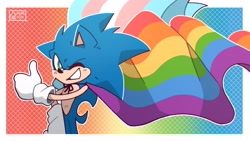 Size: 1920x1080 | Tagged: safe, artist:cherrifirelive, sonic the hedgehog, hedgehog, 31 days sonic, abstract background, cape, gradient background, looking at viewer, outline, pride, redraw, solo, thumbs up, trans pride, wink