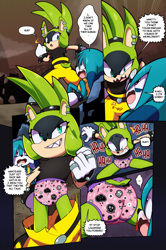 Size: 1331x2000 | Tagged: suggestive, artist:eufdreamer, kit the fennec, surge the tenrec, fox, tenrec, backpack, belt, blushing, bracelet, comic, dialogue, duo, earring, embarrassed, eyelashes, female, fennec, gloves, grin, looking at each other, looking back, male, open mouth, panties, pants, ponytail, ring, sharp teeth, speech bubble, underwear, wardrobe malfunction