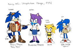 Size: 2100x1400 | Tagged: safe, artist:drawloverlala, brenda the hedgehog, nicky, paulie the hedgehog, sonic the hedgehog, tania the hedgehog, hedgehog, child, group, shogakukan manga, simple background, white background