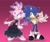 Size: 1200x1018 | Tagged: safe, artist:spinstellar, blaze the cat, sonic the hedgehog, cat, hedgehog, alternate outfit, dress, formal dress, gradient background, outline, posing, sweatdrop, tuxedo