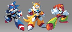 Size: 1200x536 | Tagged: safe, artist:ultimatemaverickx, knuckles the echidna, miles "tails" prower, sonic the hedgehog, crossover, gradient background, mega man (series), megamanified, posing, robot