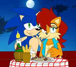 Size: 1024x907 | Tagged: safe, artist:nerdy-boi-mochi-1998, sally acorn, sonic the hedgehog, chipmunk, hedgehog, duo, lady and the tramp, lidded eyes, shipping, sonally, spaghetti, straight