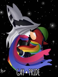 Size: 768x1024 | Tagged: safe, artist:alusniper, gadget the wolf, infinite the jackal, jackal, wolf, sonic forces, abstract background, bisexual pride, duo, gay, gay pride, helmet, holding each other, lidded eyes, lineless, looking up at them, male, males only, no outlines, pride, rookinite, scarf, shipping, signature, smiling, star (sky), torn scarf