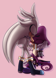 Size: 1200x1670 | Tagged: safe, artist:royalbootlace, espio the chameleon, silver the hedgehog, hedgehog, lizard, blushing, boots, chameleon, cute, duo, espibetes, eyes closed, gloves, hand on another's head, heart, holding them, kiss on head, male, males only, pink background, shipping, signature, silverbetes, silvio, simple background, sitting, standing