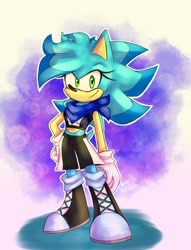 Size: 1300x1700 | Tagged: safe, artist:sweggyllamaqueen, oc, oc:tidal the hedgehog, hedgehog, bandana, boots, colored quills, crop top, female, gloves, hand on hip, looking at viewer, oc only, shorts, signature, smile, socks, solo