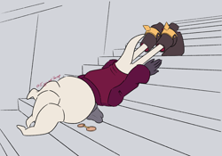 Size: 1668x1169 | Tagged: safe, artist:eggs-and-shrimp, dr. starline, boots, facedown, glasses, lying down, planking, platypus, solo, stairs