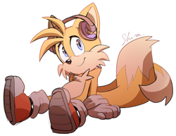 Size: 1475x1141 | Tagged: safe, artist:shira hedgie, miles "tails" prower, fox, chest fluff, featured image, gloves, headphones, looking at viewer, male, shoes, signature, simple background, sitting, smile, solo, white background