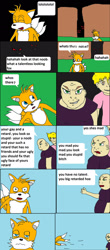 Size: 900x2049 | Tagged: safe, artist:lazerbot, miles "tails" prower, fox, human, comic, meme, ms paint, slur, tails gets trolled