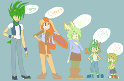 Size: 4836x3150 | Tagged: safe, artist:legyolk, cream the rabbit, manik the hedgehog, oc, oc:belle the rabbit, oc:july the bun-hog, oc:lilly the hedgehog, hedgehog, rabbit, aged up, alternate outfit, au:the bright zone, blue background, child, crack shipping, fankid, female, male, manream, parent:cream, parent:manik, parents:manream, shipping, simple background, straight