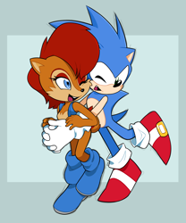 Size: 1322x1592 | Tagged: safe, artist:hearttheglaceon, sally acorn, sonic the hedgehog, chipmunk, hedgehog, hugging from behind, shipping, sonally, straight