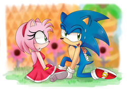 Size: 1280x900 | Tagged: safe, artist:lucy-tan, amy rose, sonic the hedgehog, hedgehog, amy x sonic, duo, flower, shipping, straight